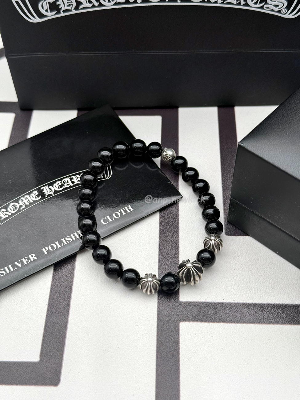 Chrome Hearts Obsidian Cross Flower Silver Ball Bracelet (2) - www.newkick.vip